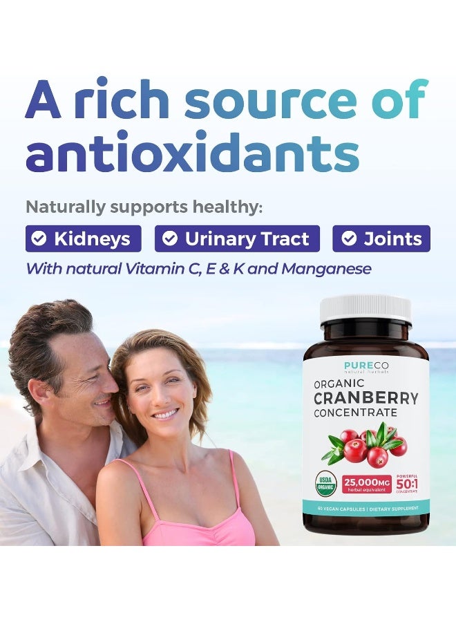 PURE CO Organic Cranberry Pills - 50:1 Concentrate Equals 25,000mg of Fresh Cranberries (Vegan) for Urinary Tract Health & Kidney Cleanse - Cranberry Pills for Women - UTI Support Supplement - 60 Capsules - Image 3